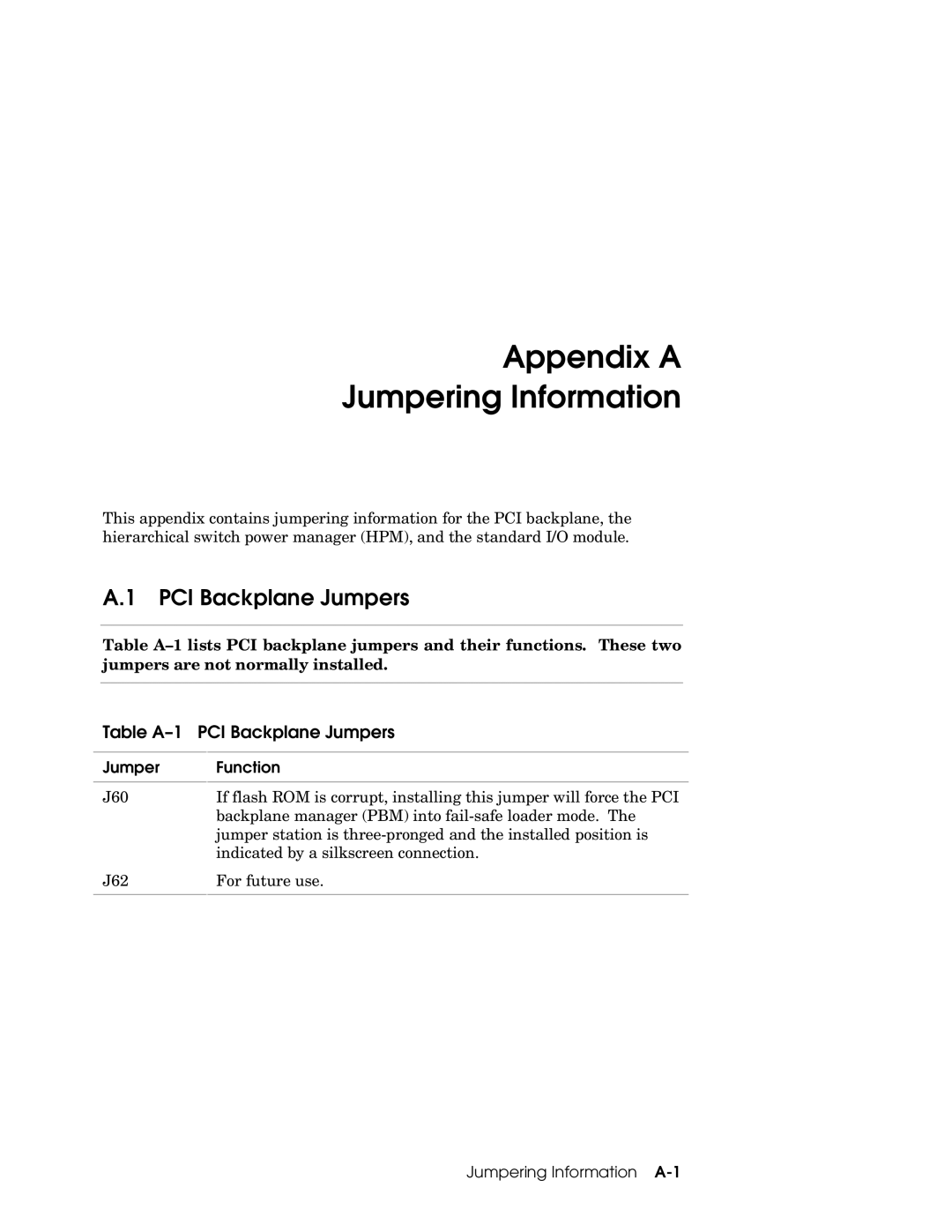 Compaq GS160, GS80, GS320 Appendix a Jumpering Information, Table A-1 PCI Backplane Jumpers, Jumpering Information A-1 