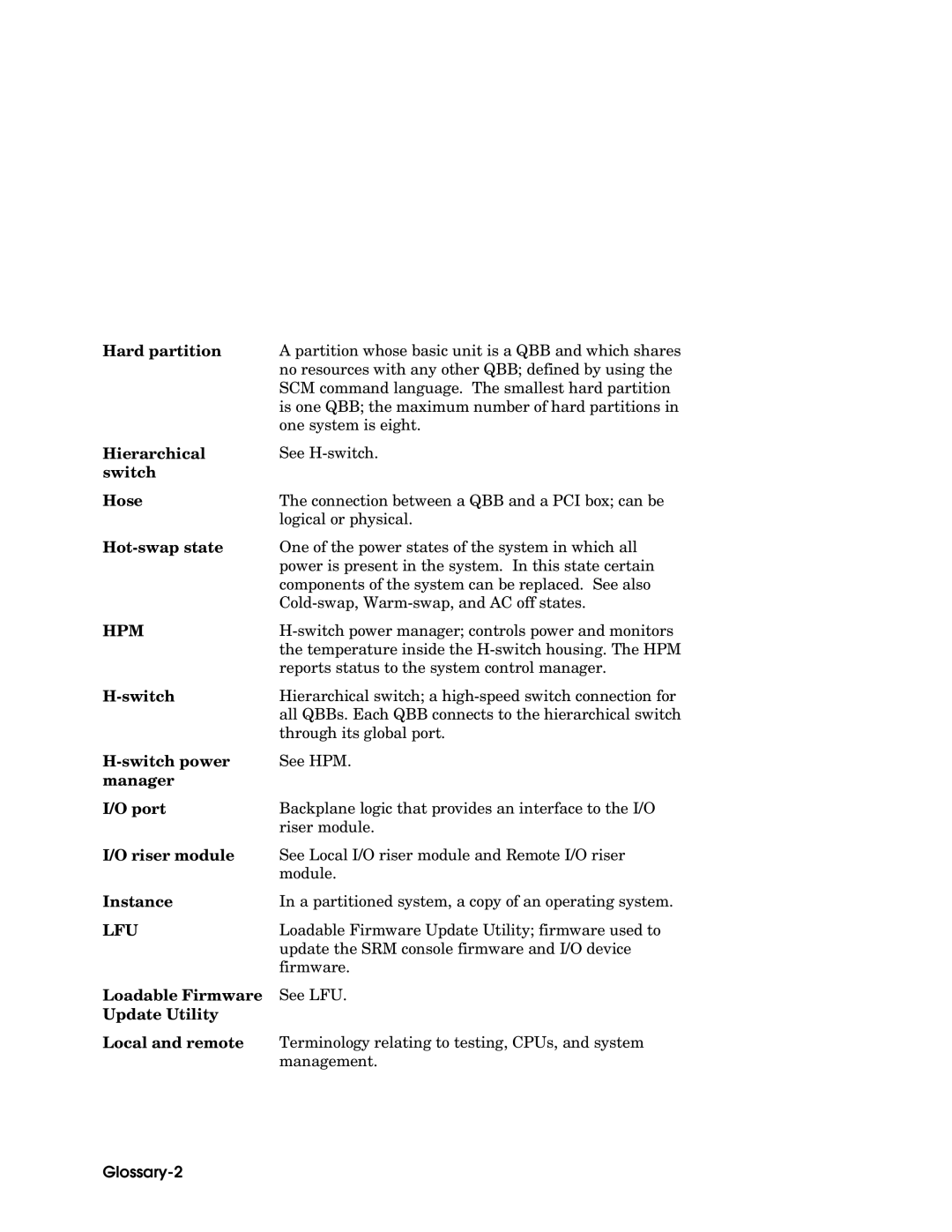 Compaq GS160 Hard partition, Hierarchical, Switch Hose, Hot-swap state, Switch power, Manager Port, Riser module, Instance 