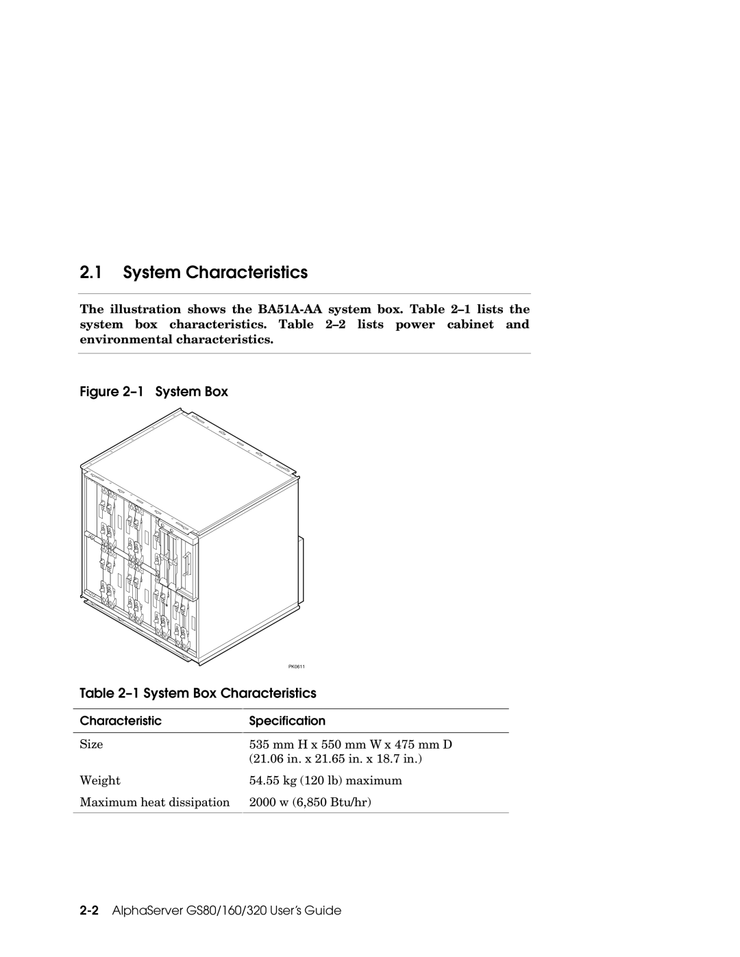 Compaq GS160, GS80, GS320 manual System Characteristics, System Box Characteristics, Specification 