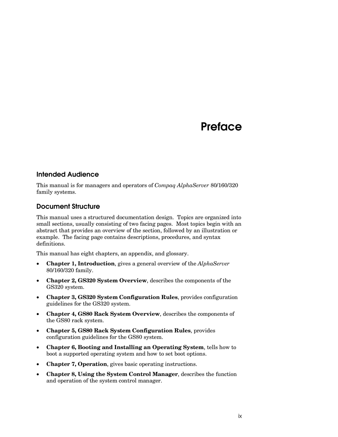 Compaq GS160, GS80, GS320 manual Preface, Intended Audience, Document Structure 