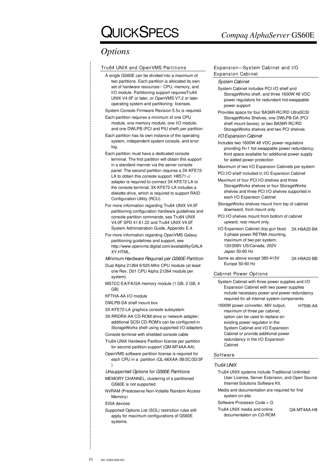 Compaq warranty Minimum Hardware Required per GS60E Partition, Unsupported Options for GS60E Partitions, System Cabinet 