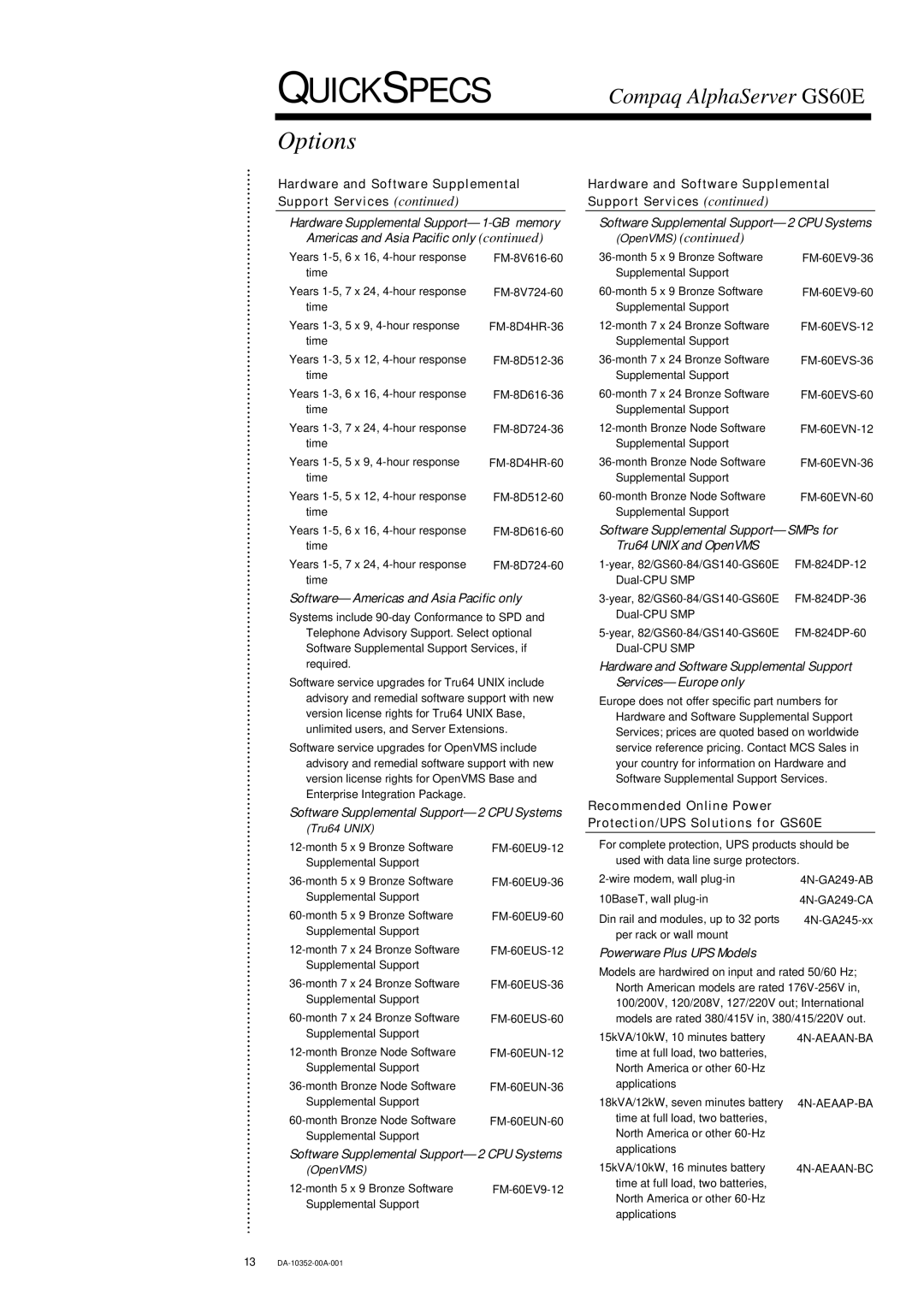 Compaq GS60E warranty Software- Americas and Asia Pacific only, Software Supplemental Support- 2 CPU Systems 