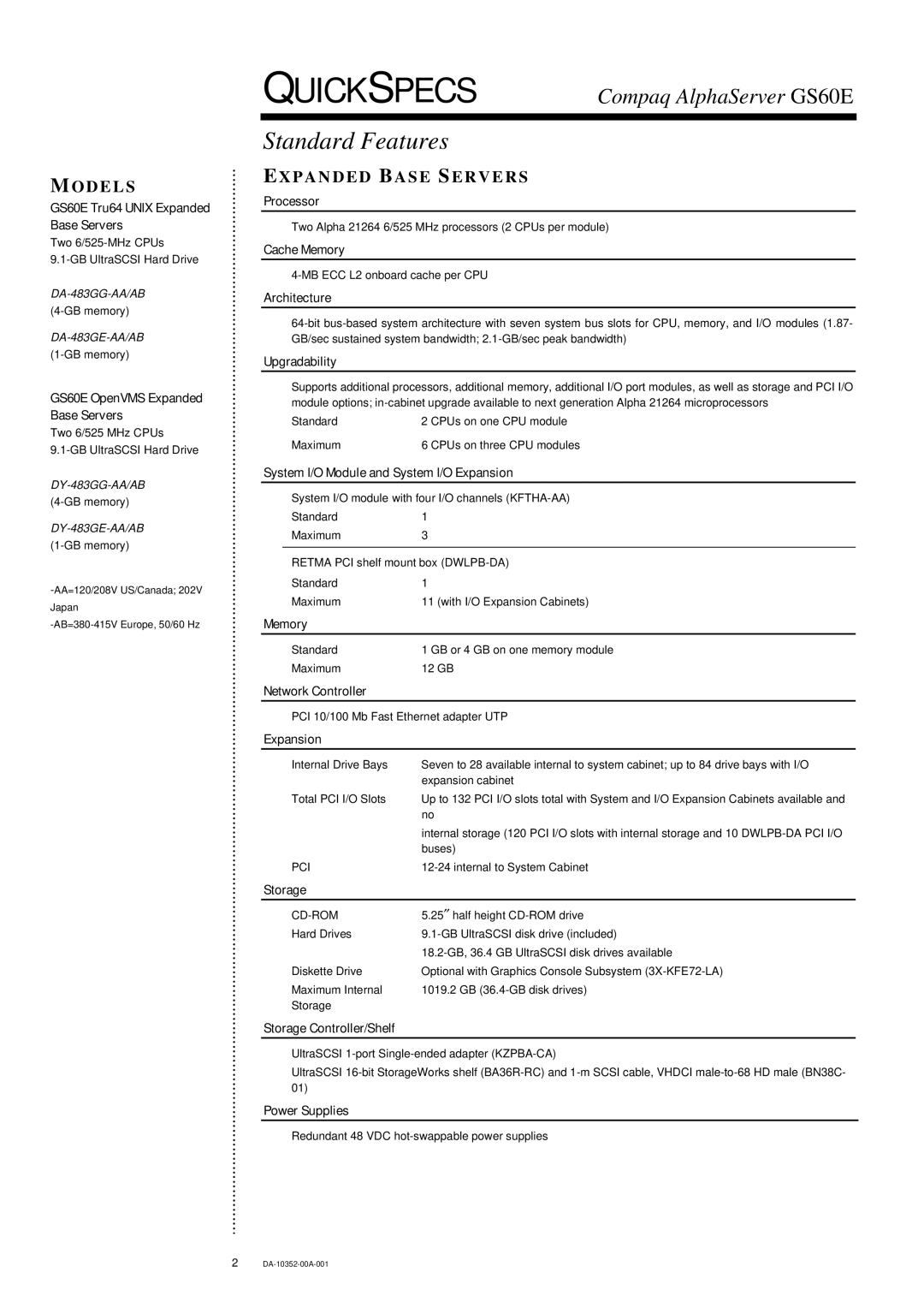 Compaq GS60E warranty Standard Features 