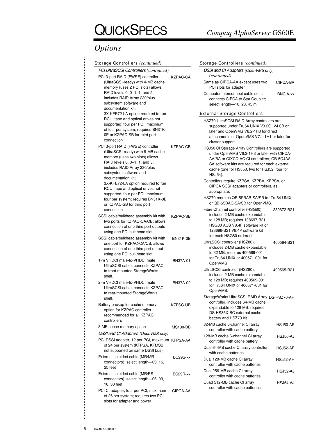 Compaq GS60E warranty Dssi and CI Adapters OpenVMS only, External Storage Controllers 