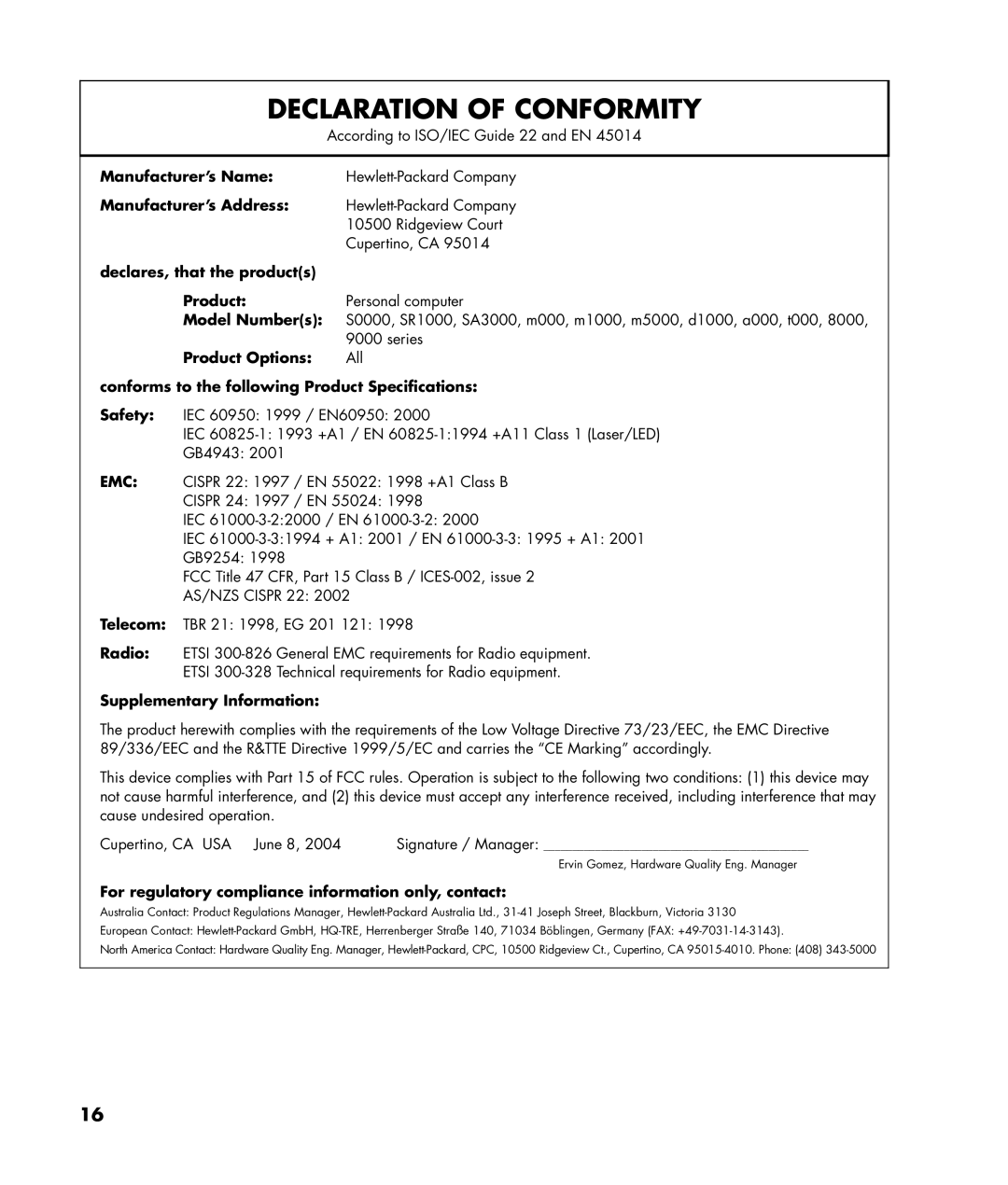 Compaq GX5000T warranty Telecom Radio Supplementary Information, For regulatory compliance information only, contact 