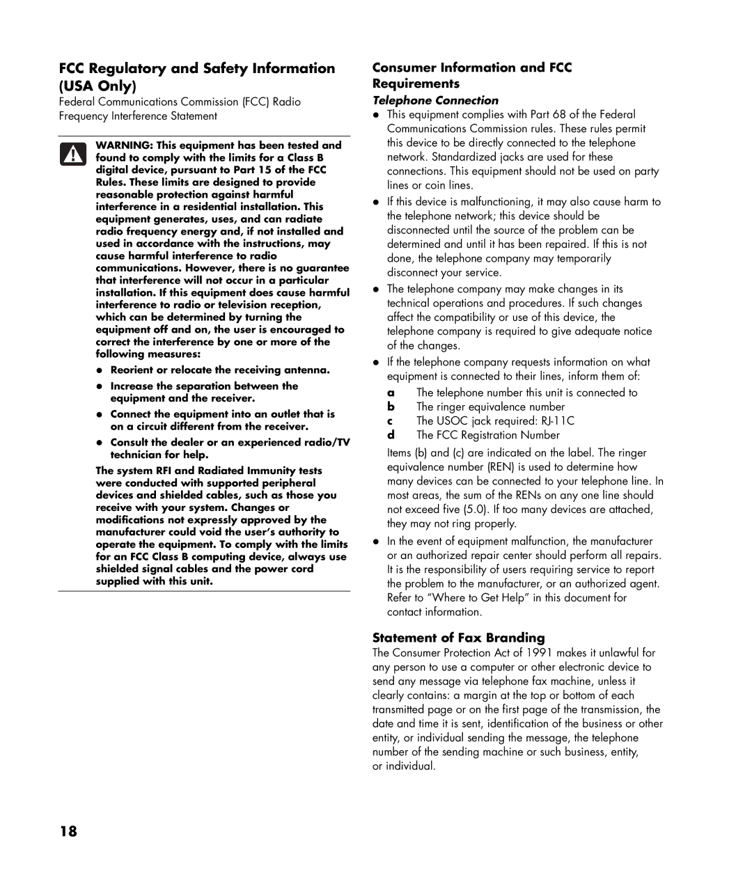 Compaq GX5000T warranty Consumer Information and FCC Requirements, Statement of Fax Branding 