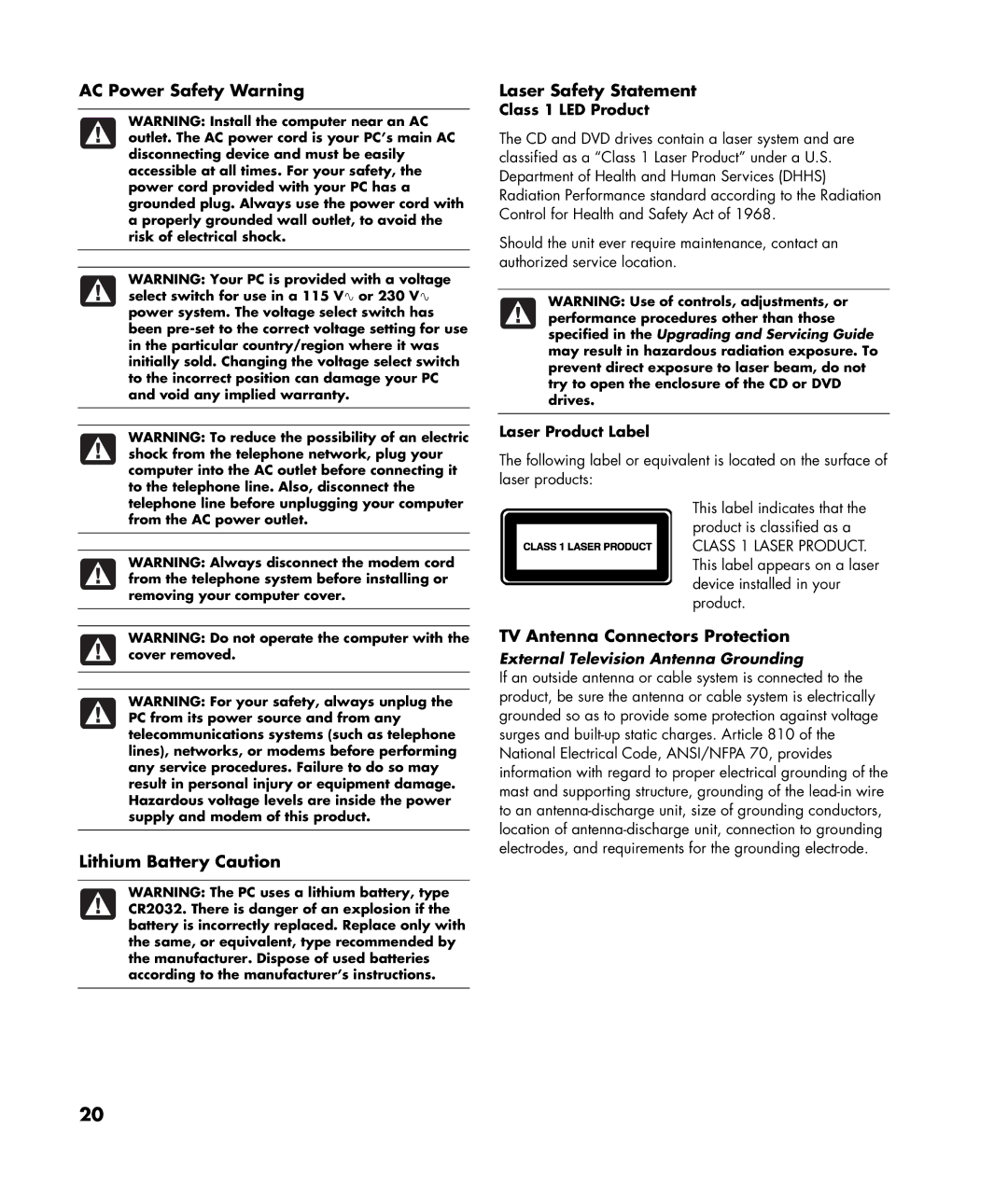 Compaq GX5000T warranty TV Antenna Connectors Protection, Class 1 LED Product, Laser Product Label 