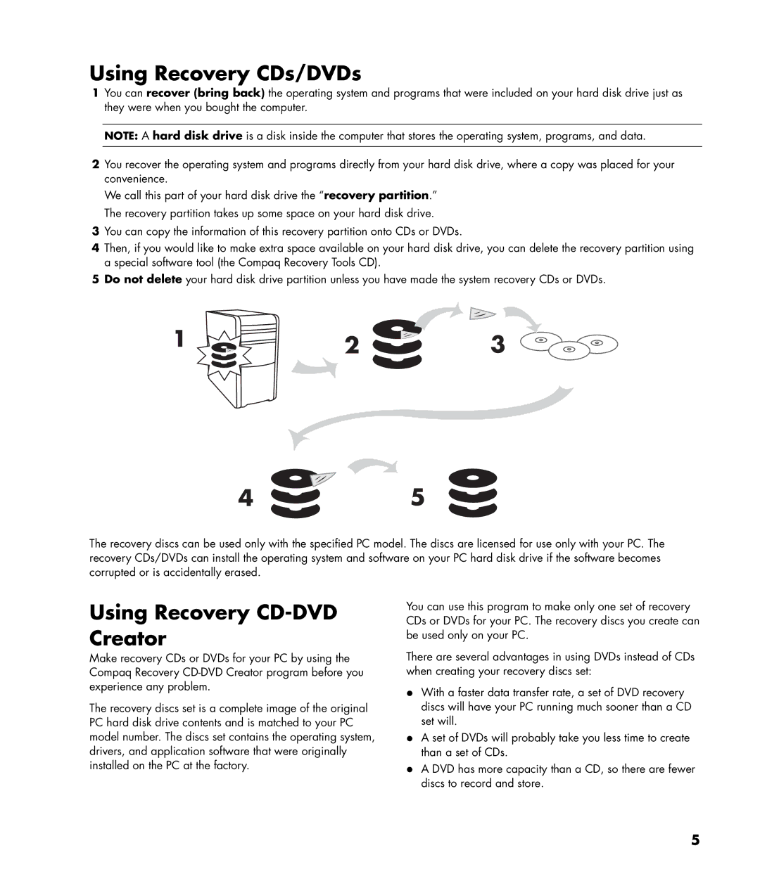 Compaq GX5000T warranty Using Recovery CDs/DVDs, Using Recovery CD-DVD Creator 