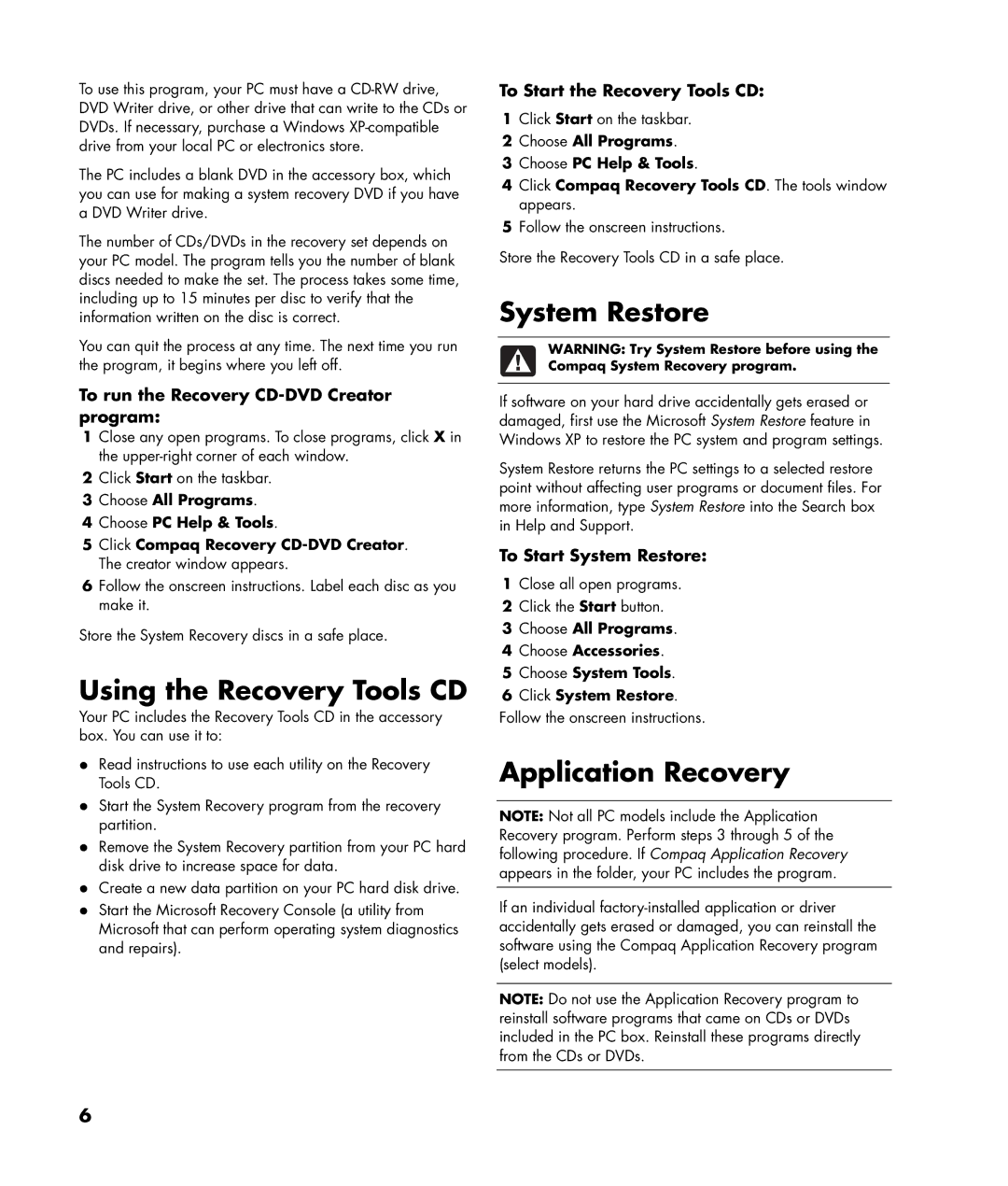 Compaq GX5000T warranty Using the Recovery Tools CD, System Restore, Application Recovery 