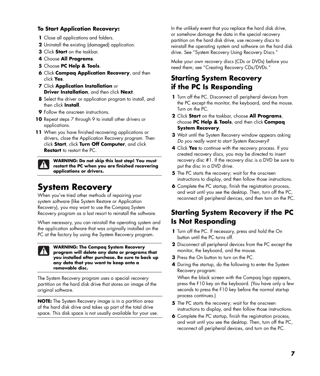 Compaq GX5000T Starting System Recovery if the PC Is Responding, Starting System Recovery if the PC Is Not Responding 