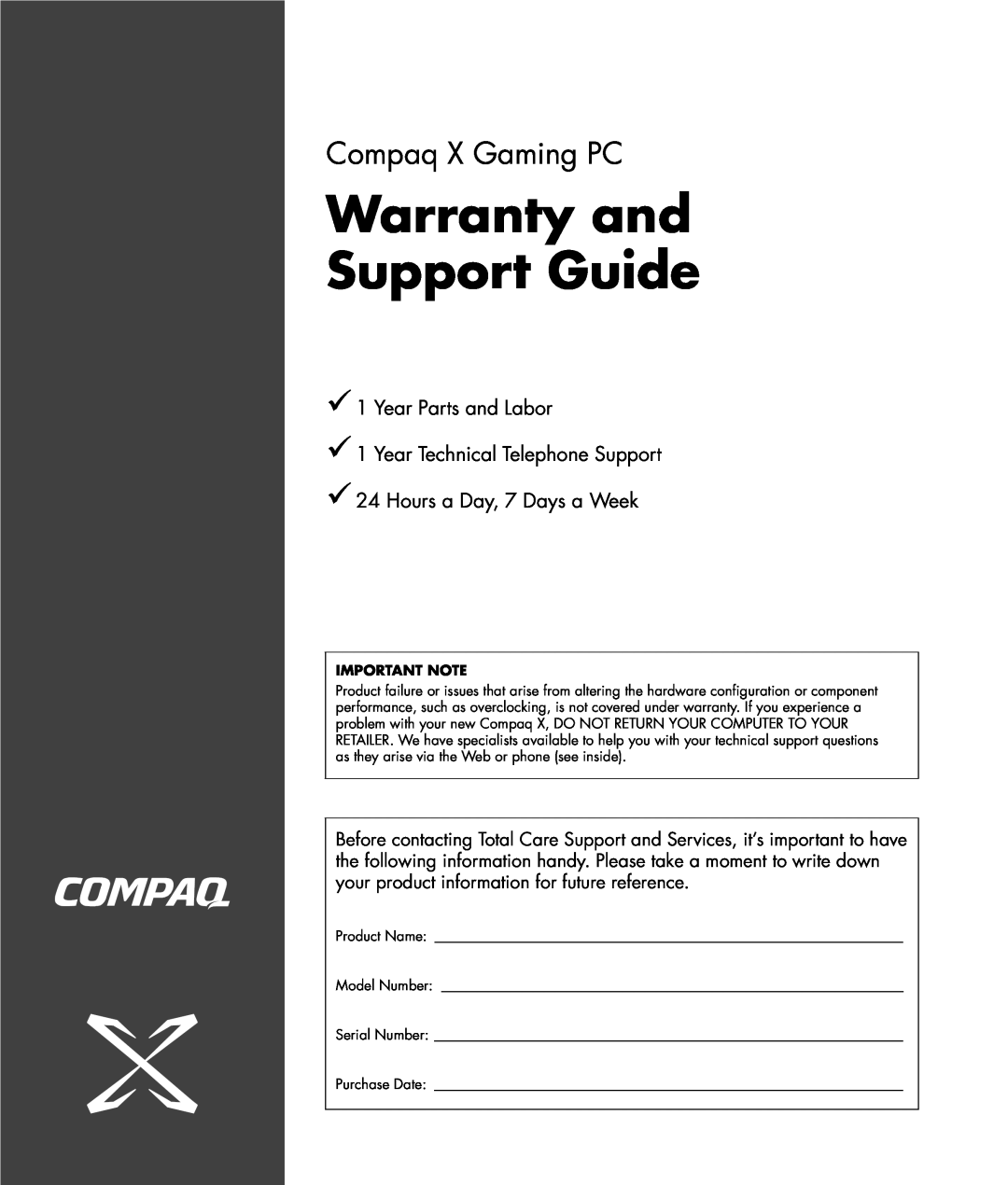 Compaq GX5000T warranty Warranty and Support Guide, Compaq X Gaming PC, Hours a Day, 7 Days a Week 