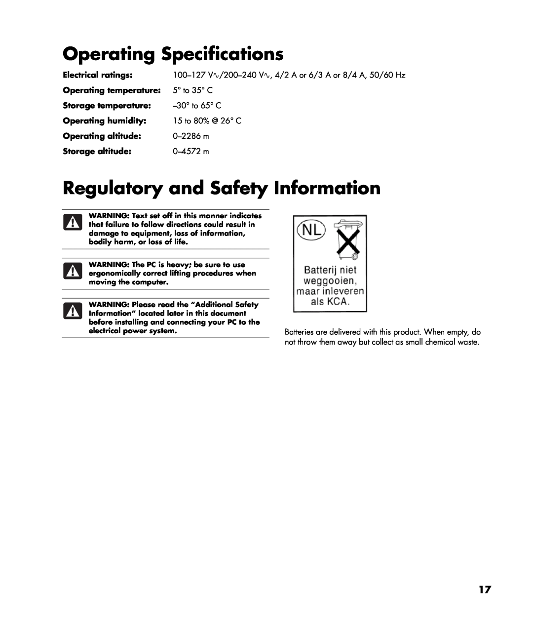 Compaq GX5000T Operating Specifications, Regulatory and Safety Information, Electrical ratings, Operating temperature 