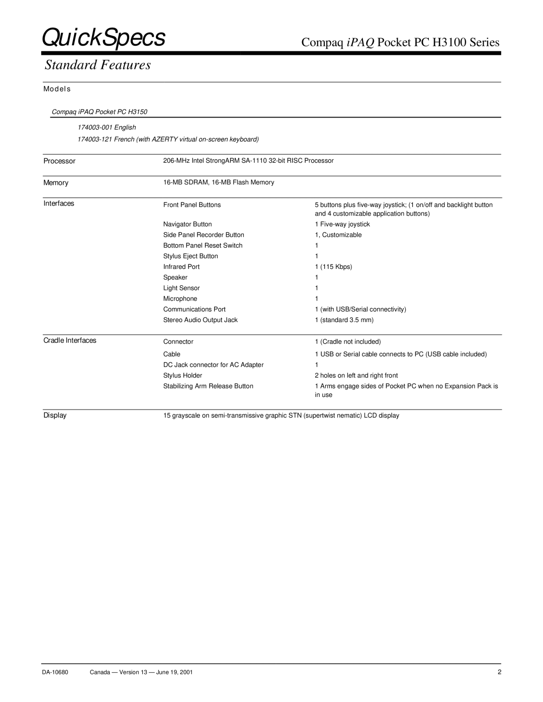 Compaq H3100 warranty Standard Features 