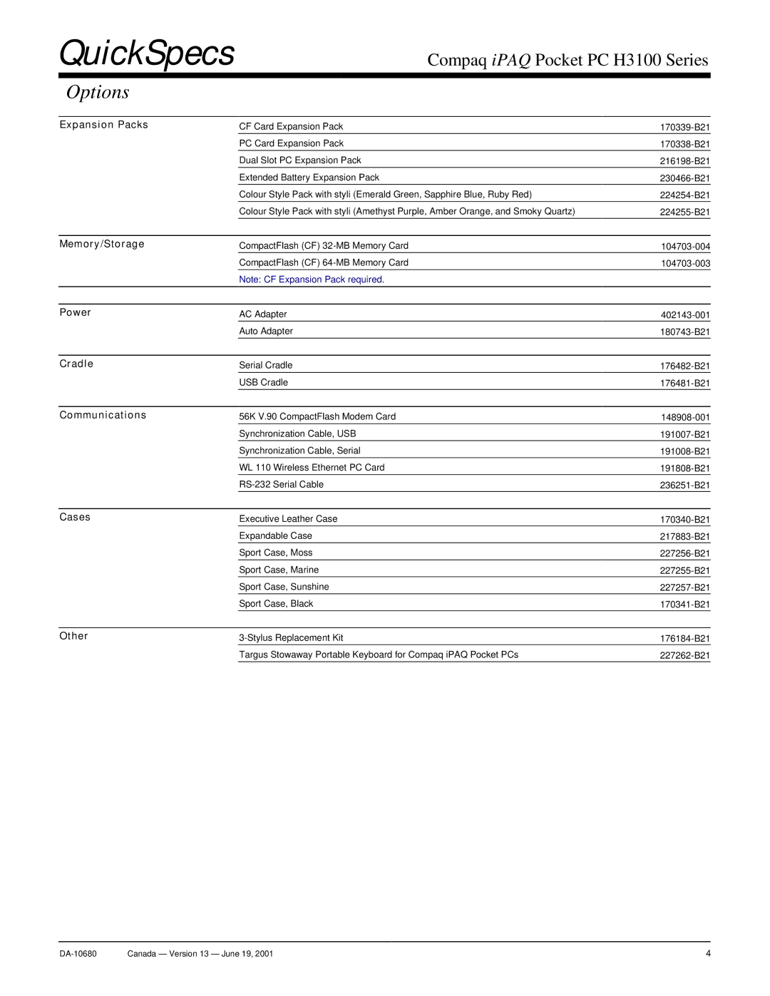 Compaq H3100 warranty Options 