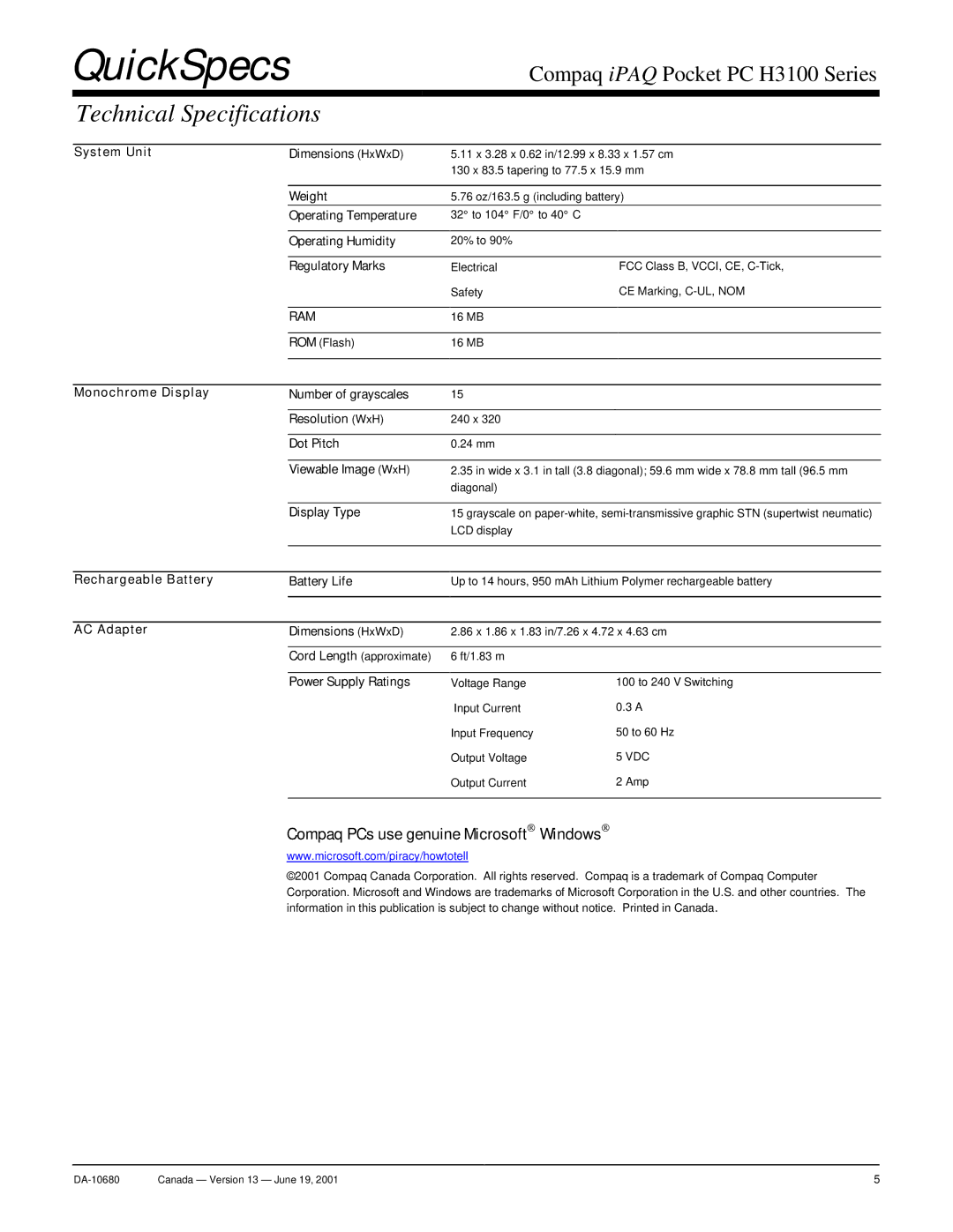 Compaq H3100 warranty Technical Specifications 