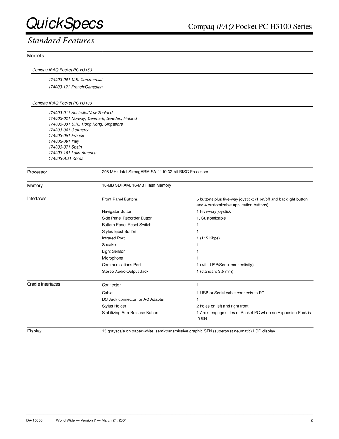 Compaq H3100 warranty Standard Features, Models, Processor Memory Interfaces, Cradle Interfaces, Display 