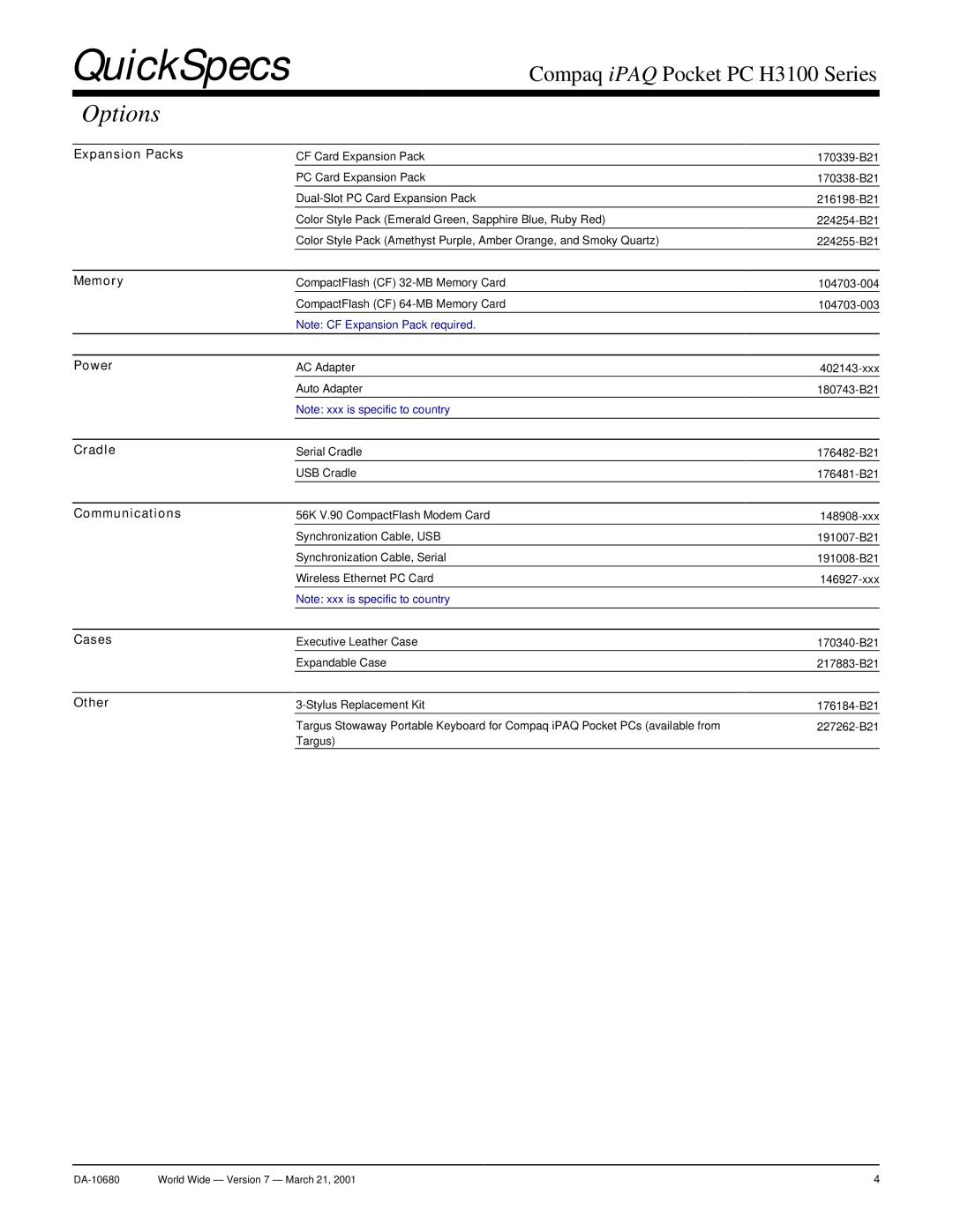 Compaq H3100 warranty Options 