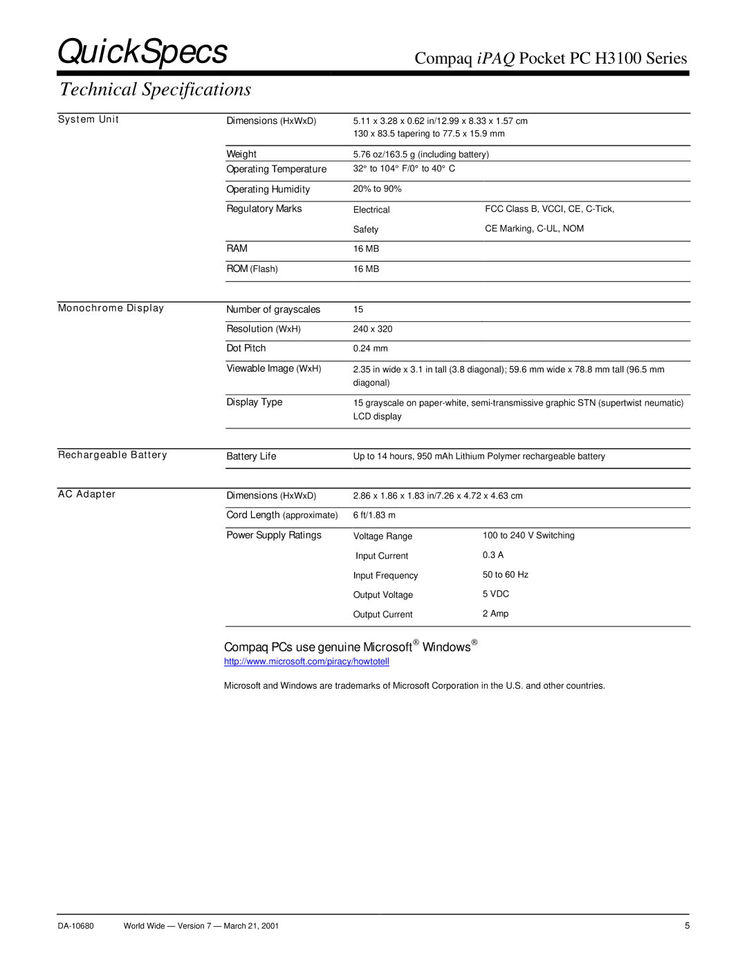 Compaq H3100 warranty Technical Specifications 