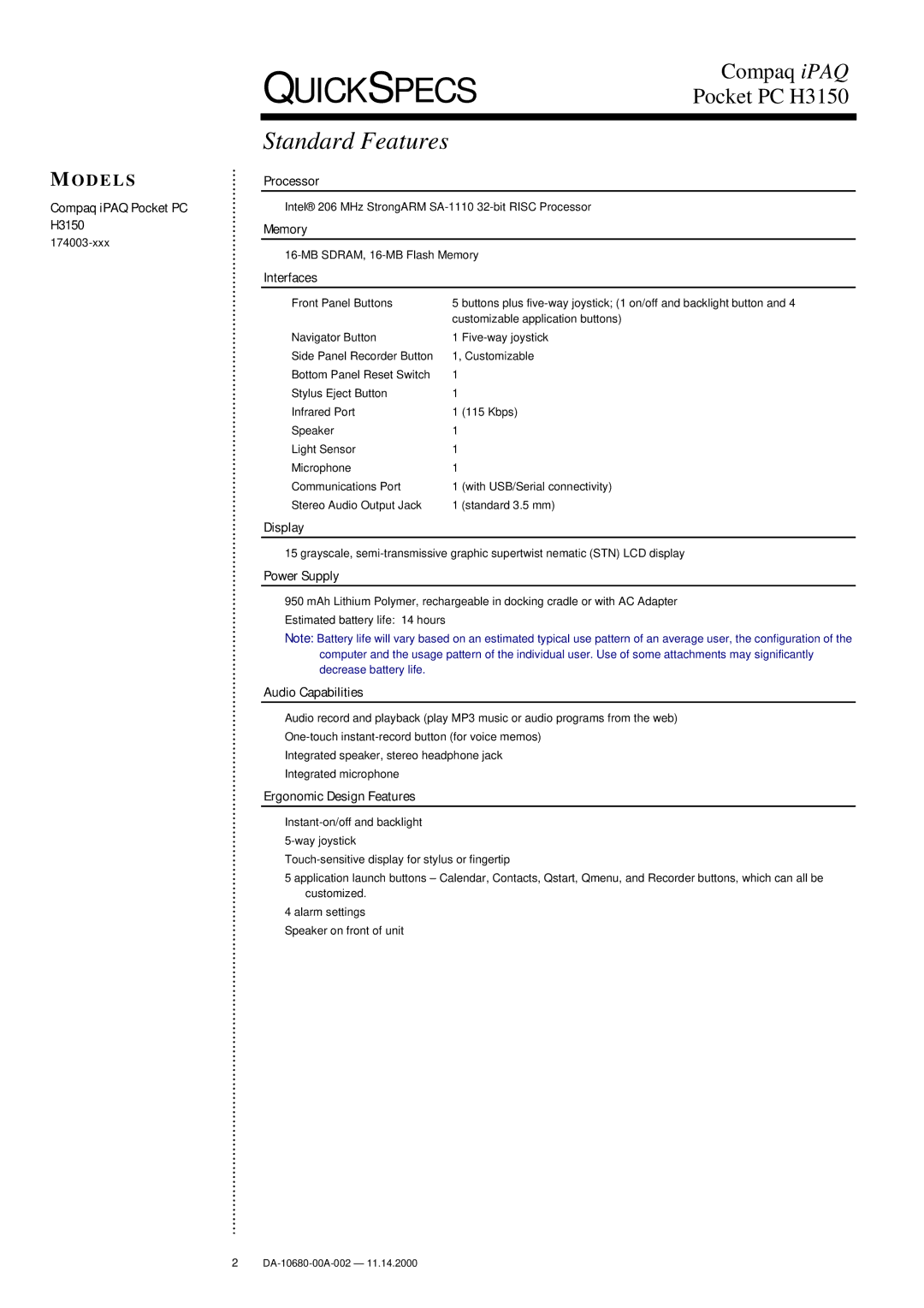 Compaq H3150 warranty Standard Features 