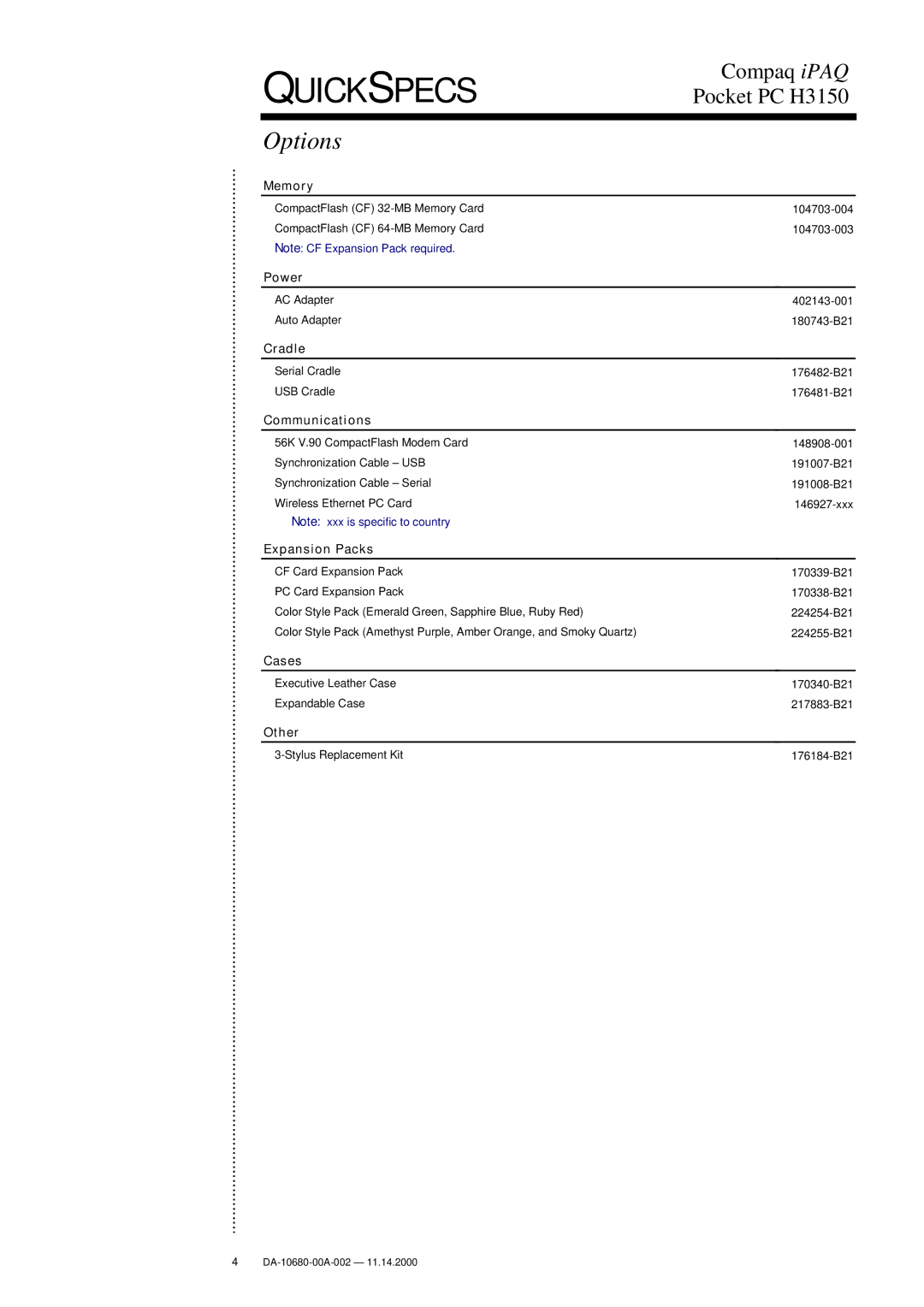 Compaq H3150 warranty Options 