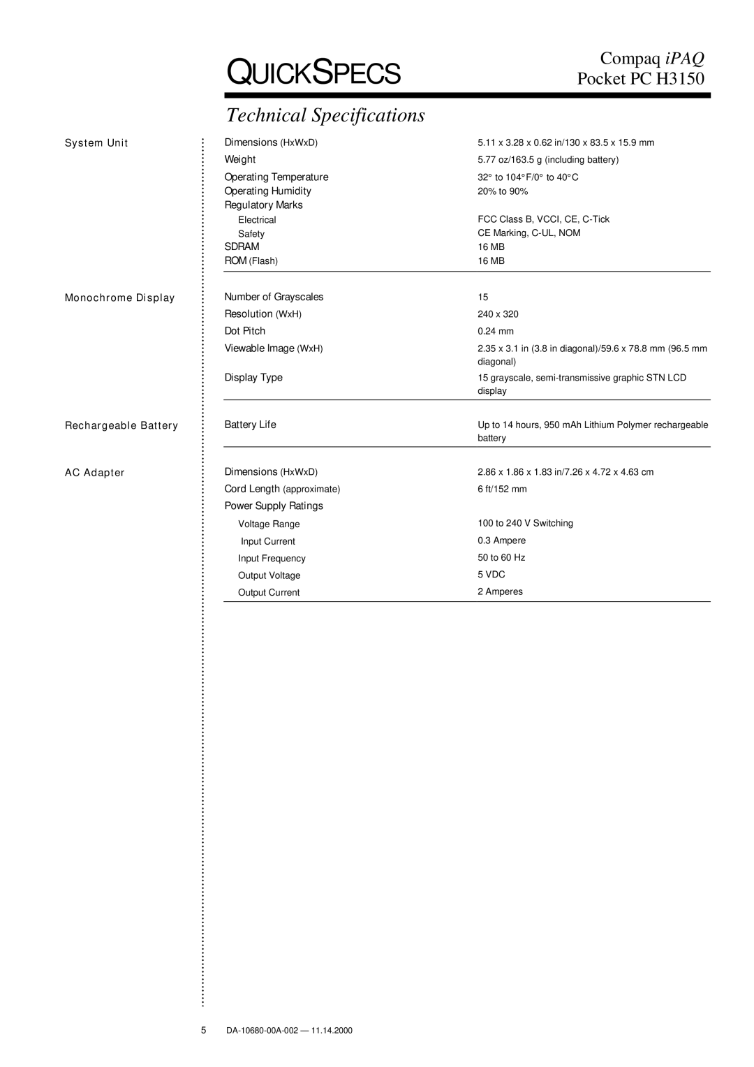 Compaq H3150 warranty Technical Specifications 