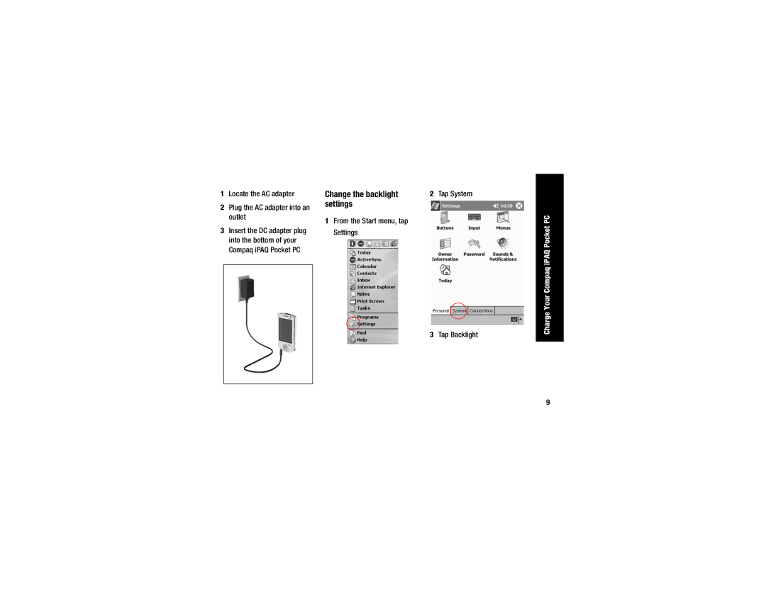 Compaq H3700 manual Change the backlight, Settings, Locate the AC adapter Plug the AC adapter into an outlet 