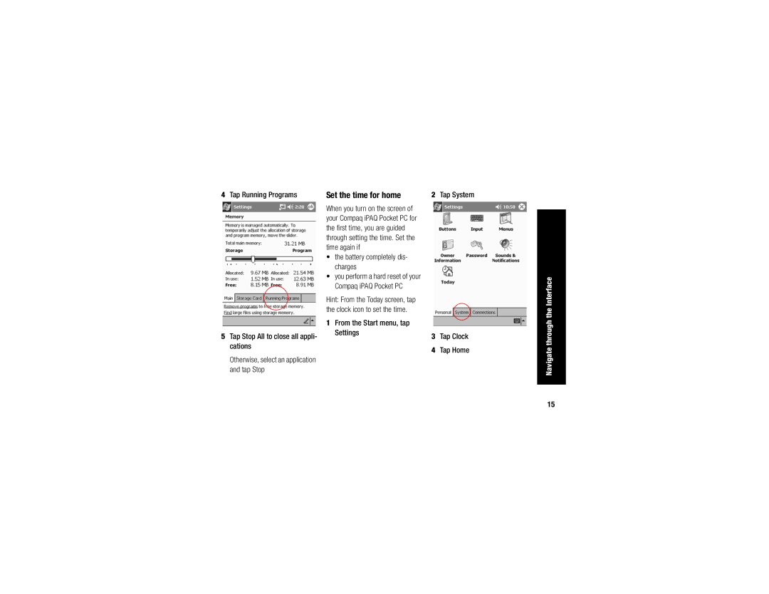 Compaq H3700 manual Set the time for home, Tap Running Programs 