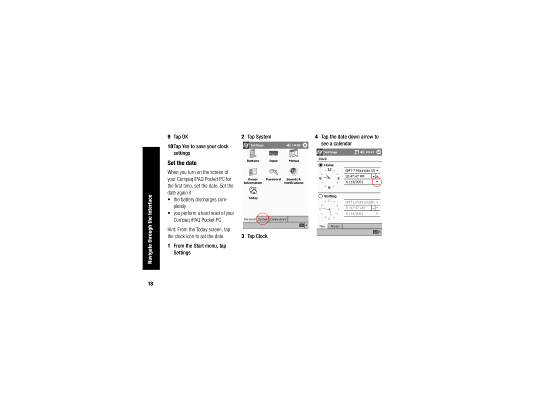 Compaq H3700 manual Set the date, Tap OK Tap System, See a calendar, Clock icon to set the date 