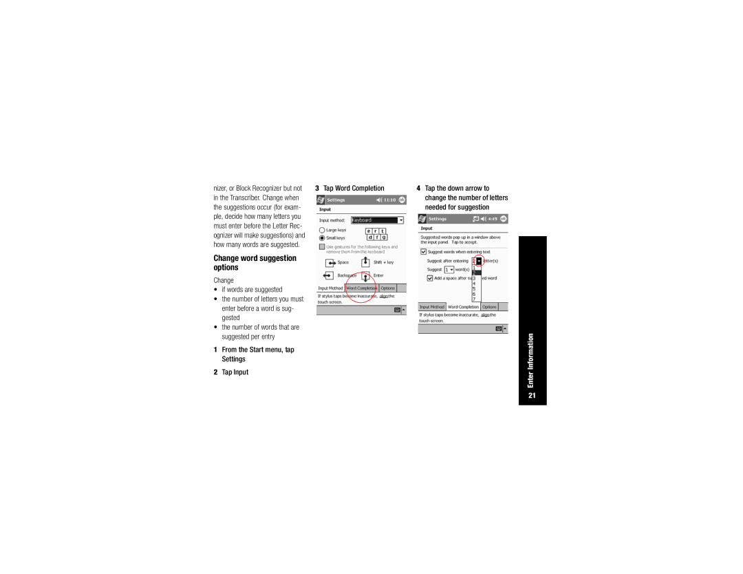 Compaq H3700 manual Change word suggestion options, Tap Word Completion, From the Start menu, tap Settings Tap Input 