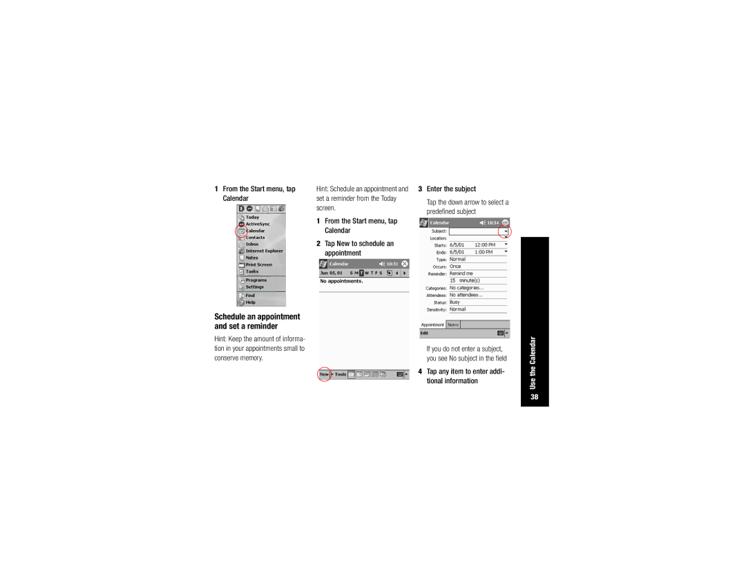 Compaq H3700 manual Calendar, Screen, Tap New to schedule an, Appointment, Enter the subject 