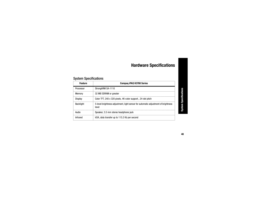 Compaq H3700 manual System Specifications, Level 