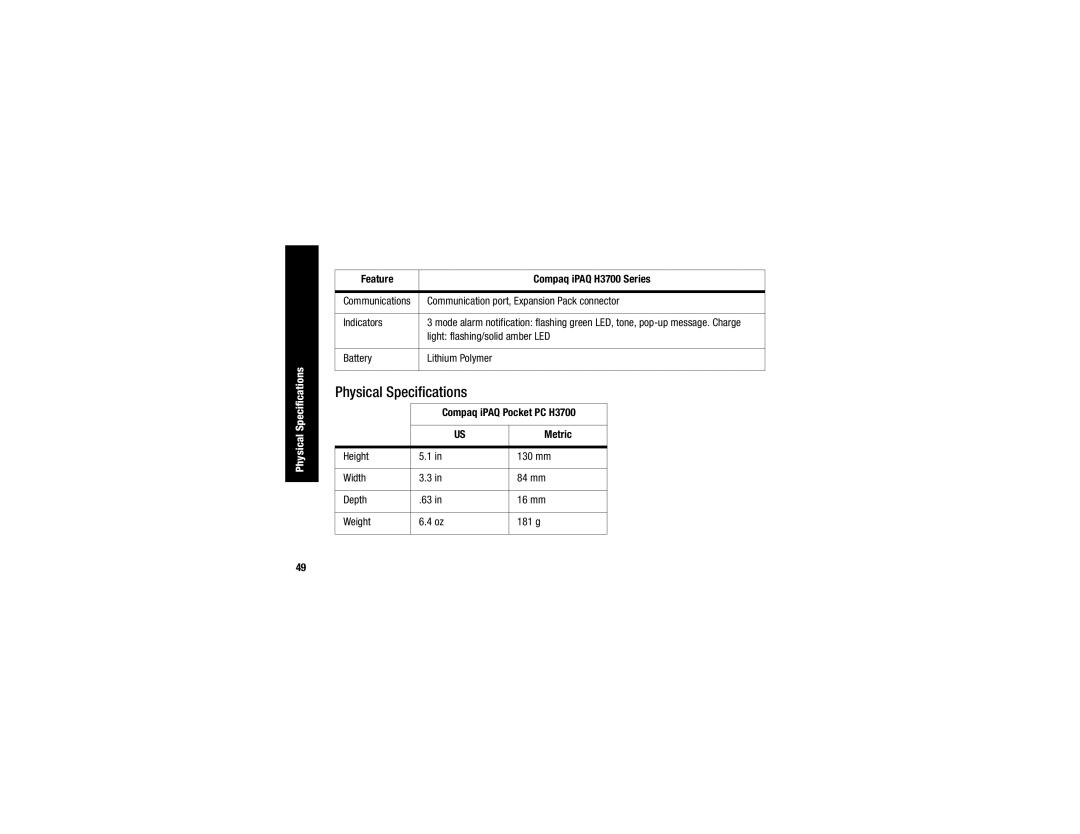 Compaq H3700 manual Physical Specifications 