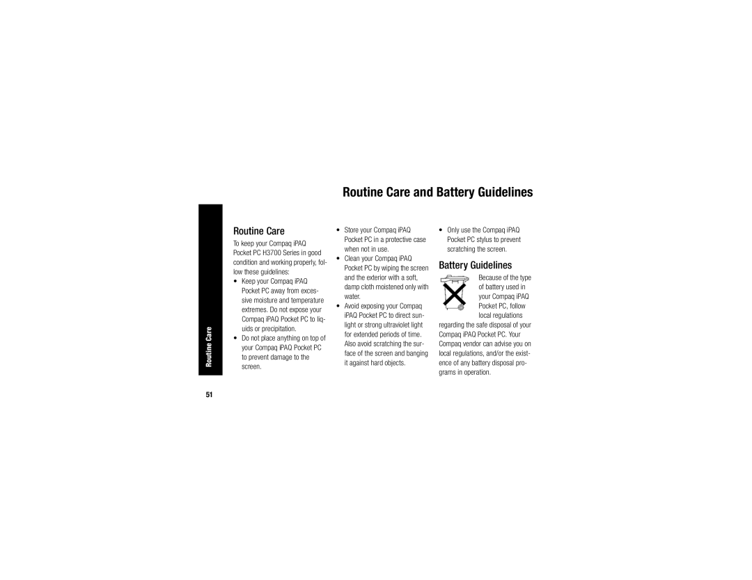 Compaq H3700 manual Routine Care and Battery Guidelines 