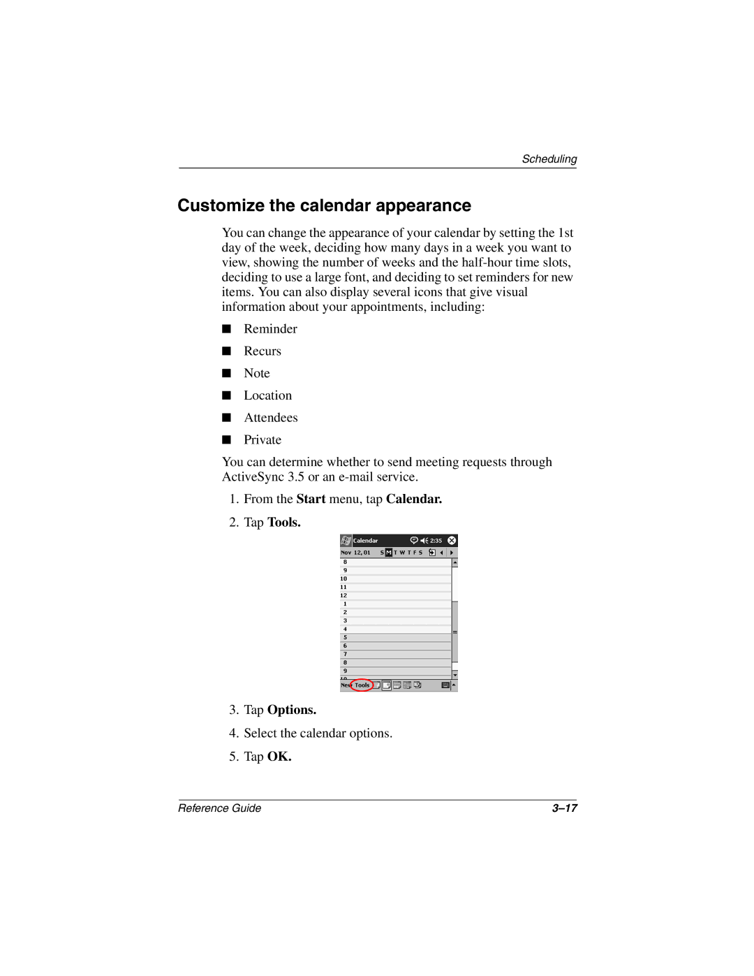 Compaq H3800 manual Customize the calendar appearance, Tap Tools Tap Options 