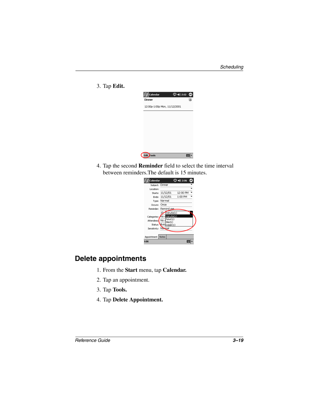 Compaq H3800 manual Delete appointments, Tap Edit, Tap Tools Tap Delete Appointment 