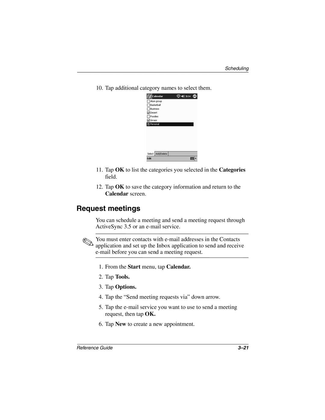 Compaq H3800 manual Request meetings, Tap Tools Tap Options 