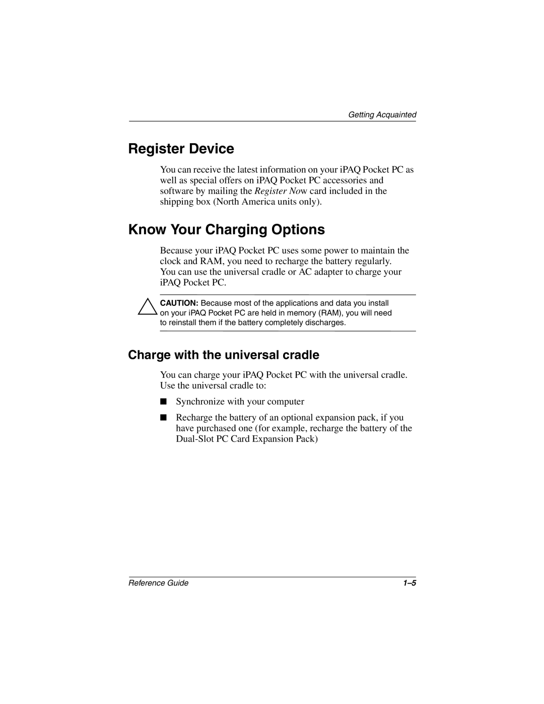 Compaq H3800 manual Register Device, Know Your Charging Options, Charge with the universal cradle 