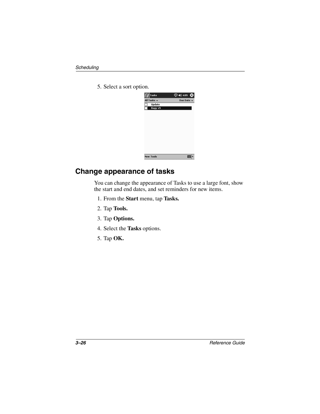 Compaq H3800 manual Change appearance of tasks, Tap Tools Tap Options 