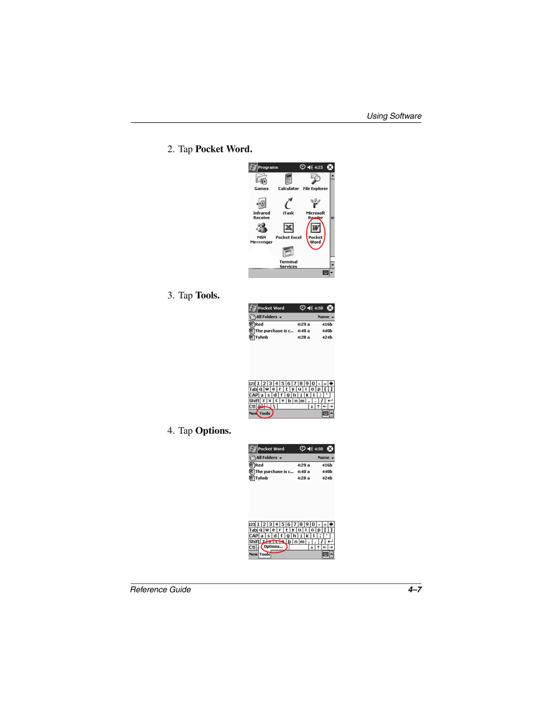 Compaq H3800 manual Tap Pocket Word Tap Tools Tap Options 