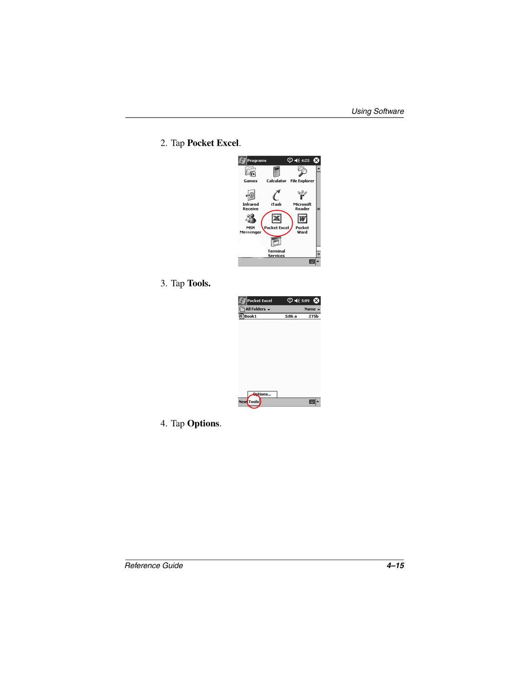 Compaq H3800 manual Tap Pocket Excel Tap Tools Tap Options 