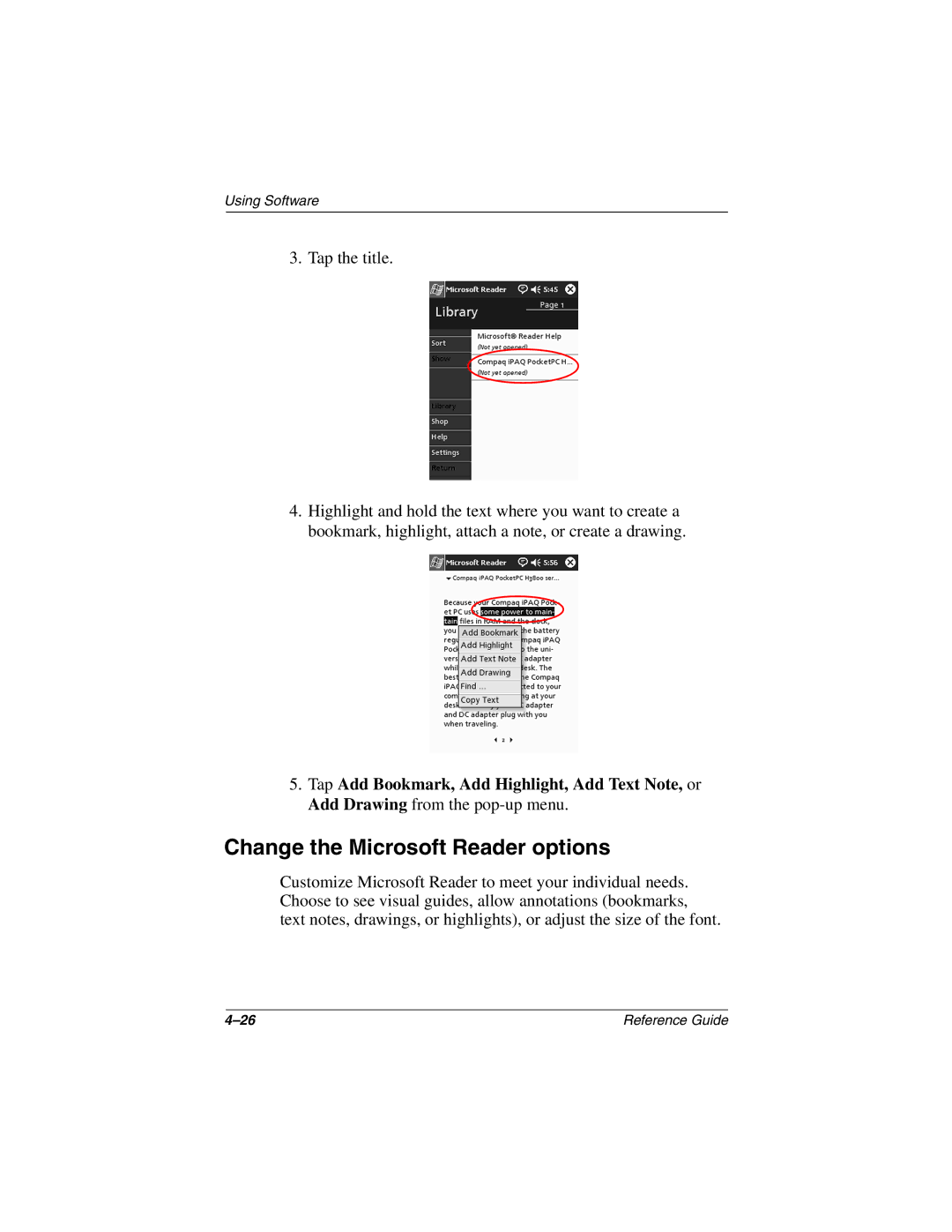 Compaq H3800 manual Change the Microsoft Reader options 