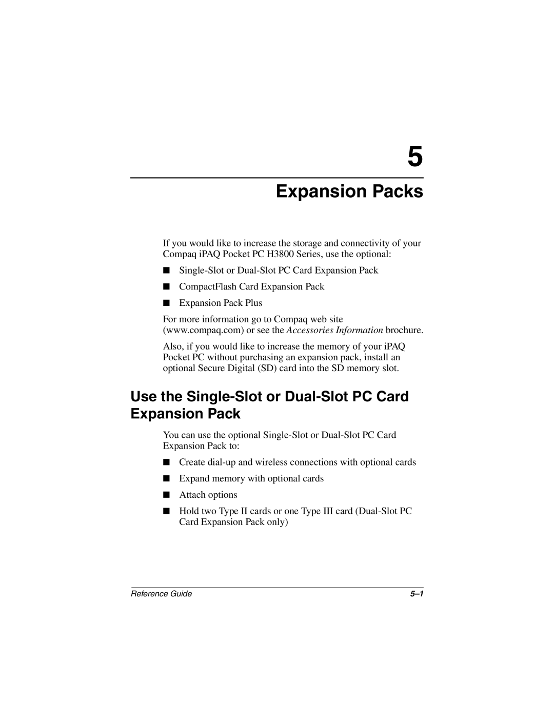 Compaq H3800 manual Expansion Packs, Use the Single-Slot or Dual-Slot PC Card Expansion Pack 