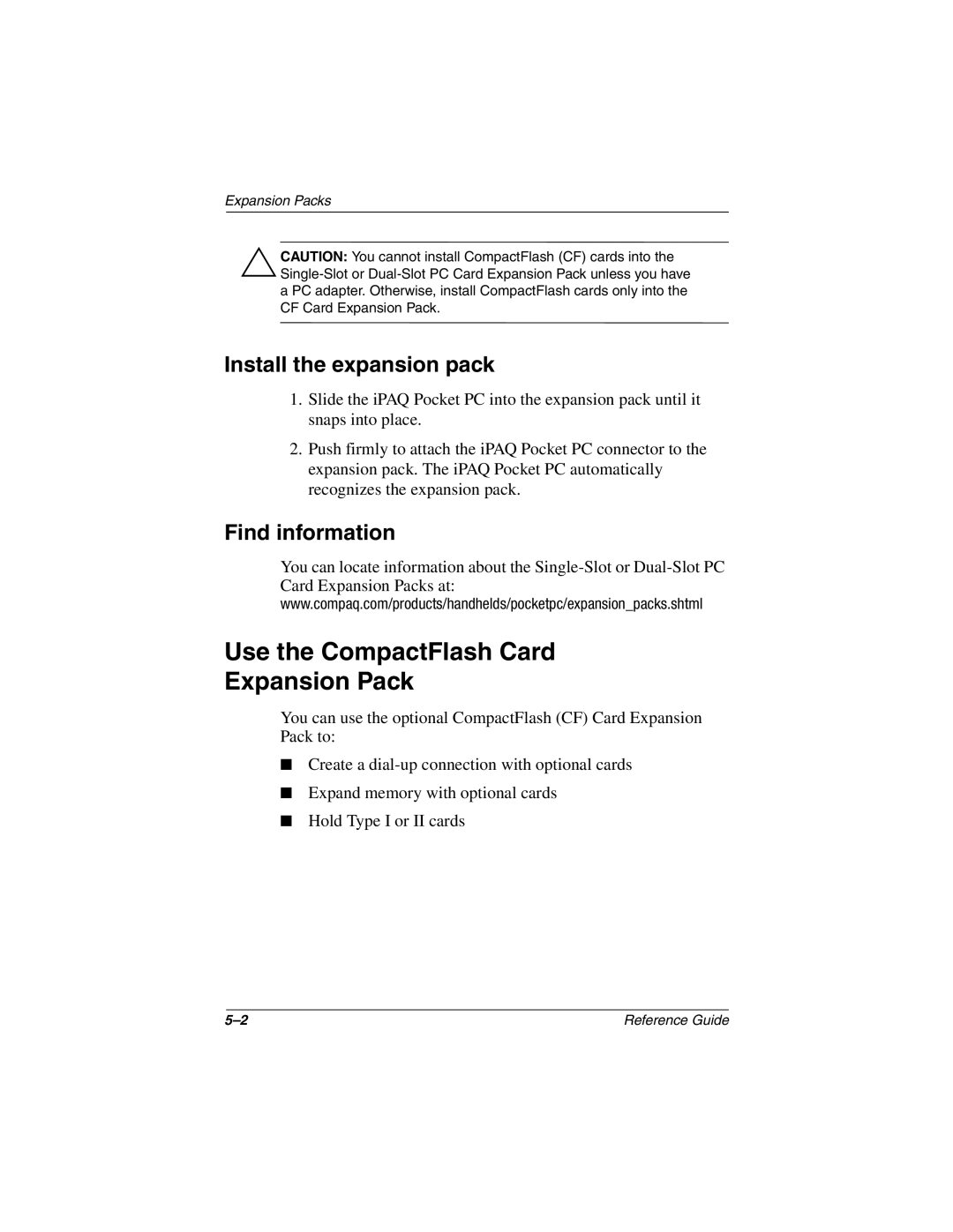 Compaq H3800 manual Use the CompactFlash Card Expansion Pack, Install the expansion pack, Find information 