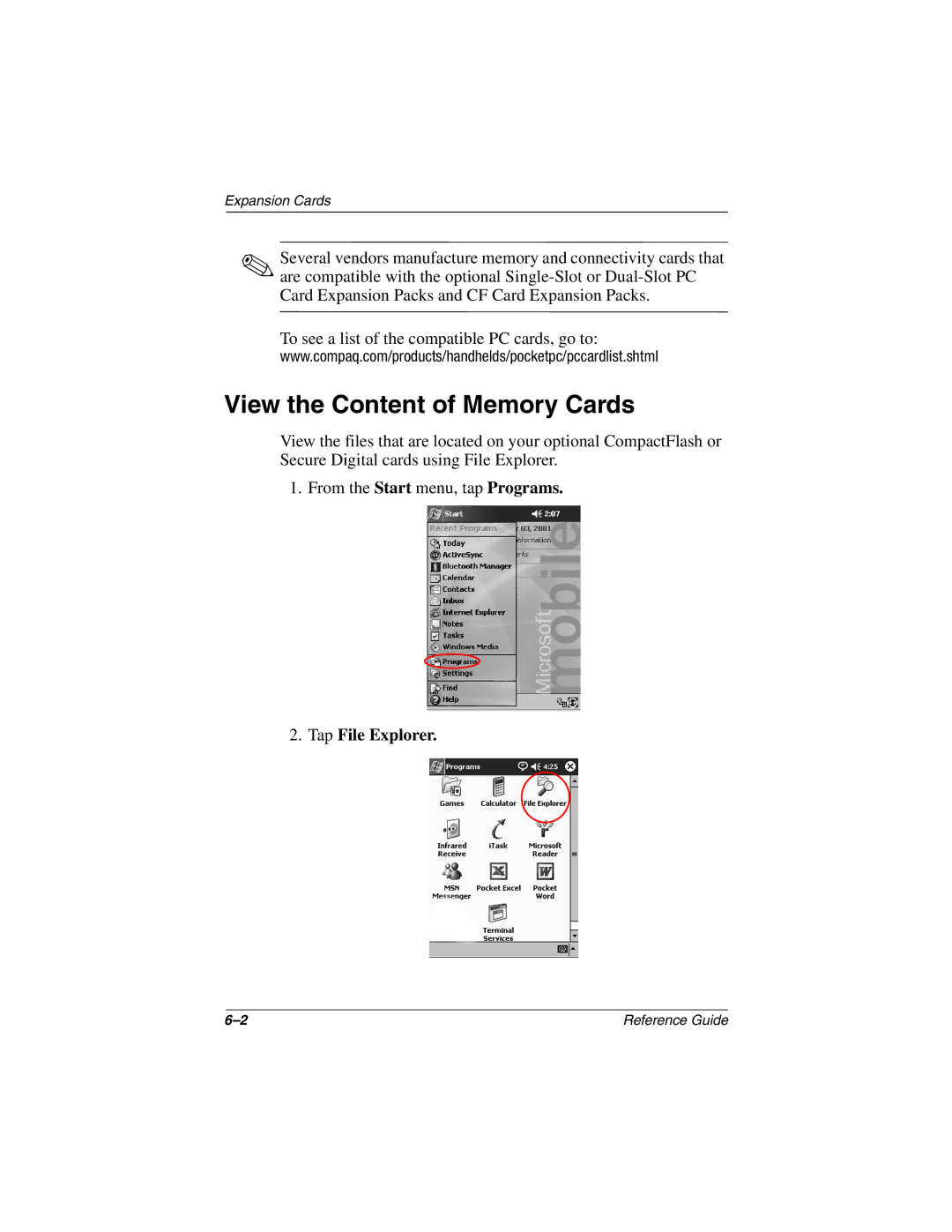 Compaq H3800 manual View the Content of Memory Cards, Tap File Explorer 