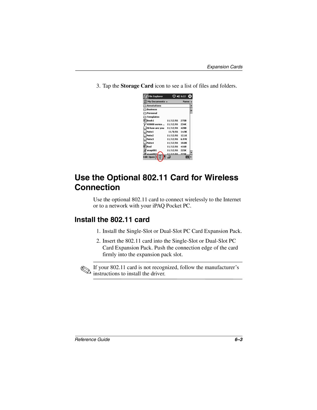 Compaq H3800 manual Use the Optional 802.11 Card for Wireless Connection, Install the 802.11 card 