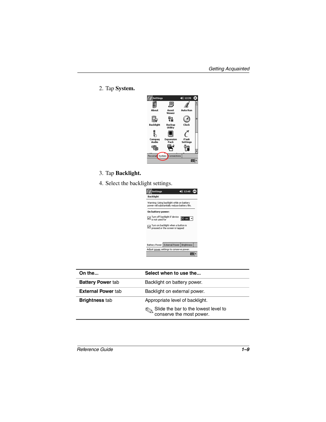 Compaq H3800 manual Tap System Tap Backlight, Select the backlight settings 