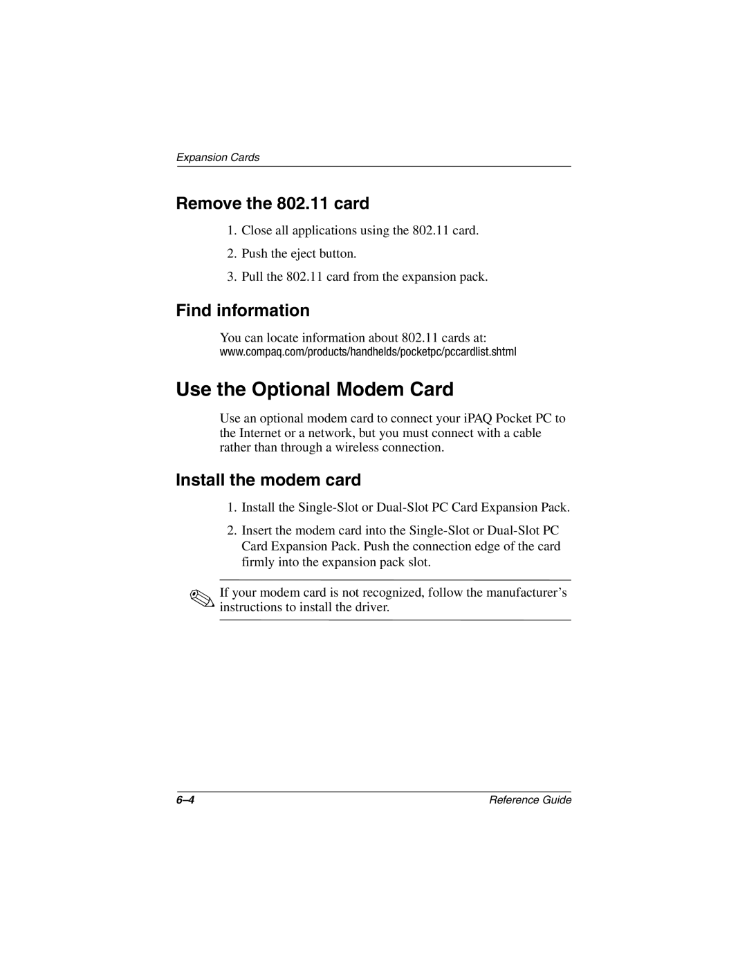 Compaq H3800 manual Use the Optional Modem Card, Remove the 802.11 card, Install the modem card 