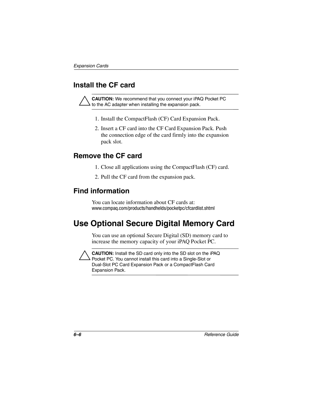 Compaq H3800 manual Use Optional Secure Digital Memory Card, Install the CF card, Remove the CF card 