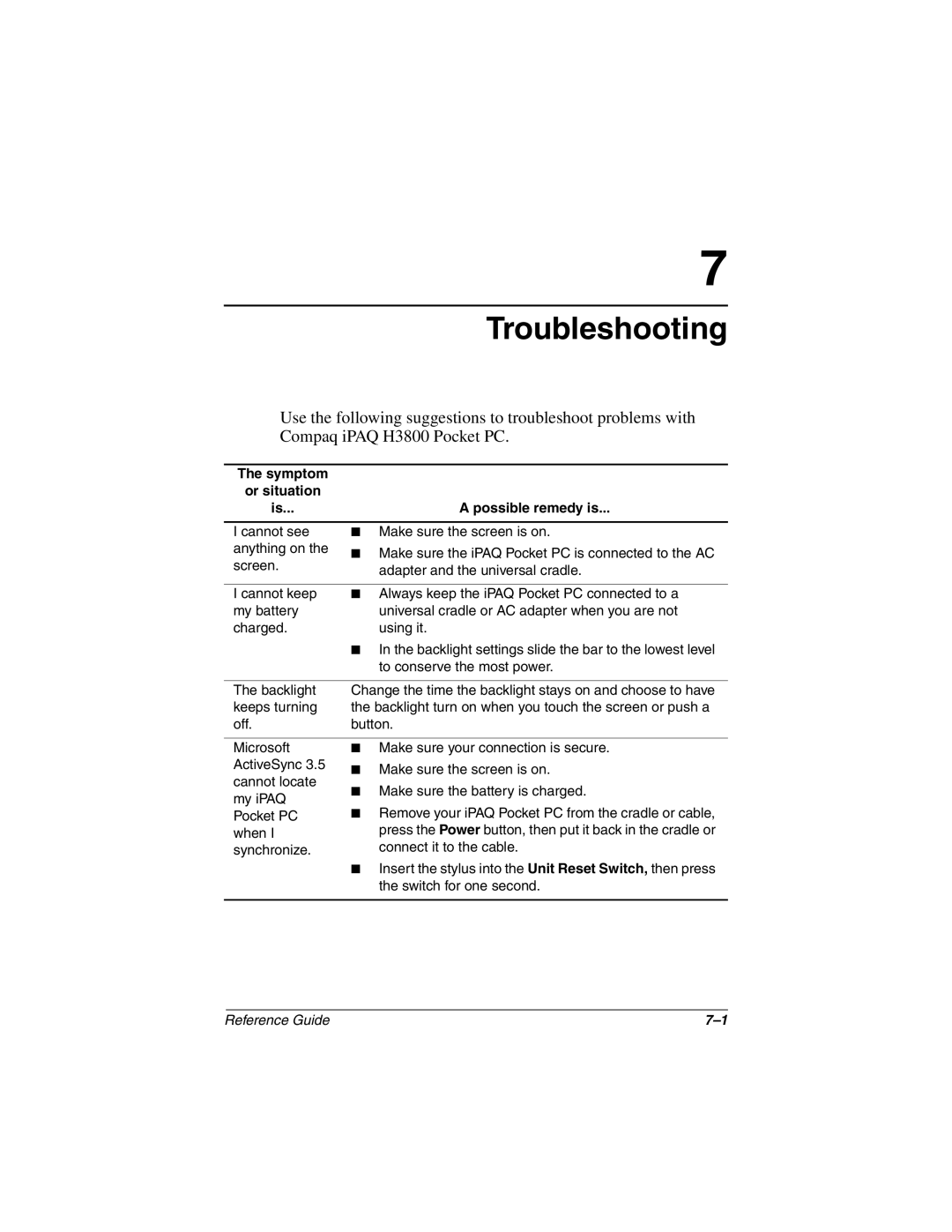 Compaq H3800 manual Troubleshooting 