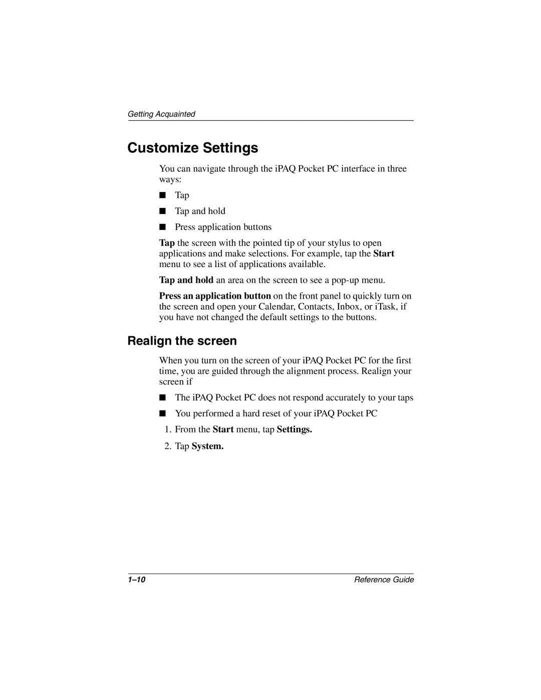 Compaq H3800 manual Customize Settings, Realign the screen, Tap System 